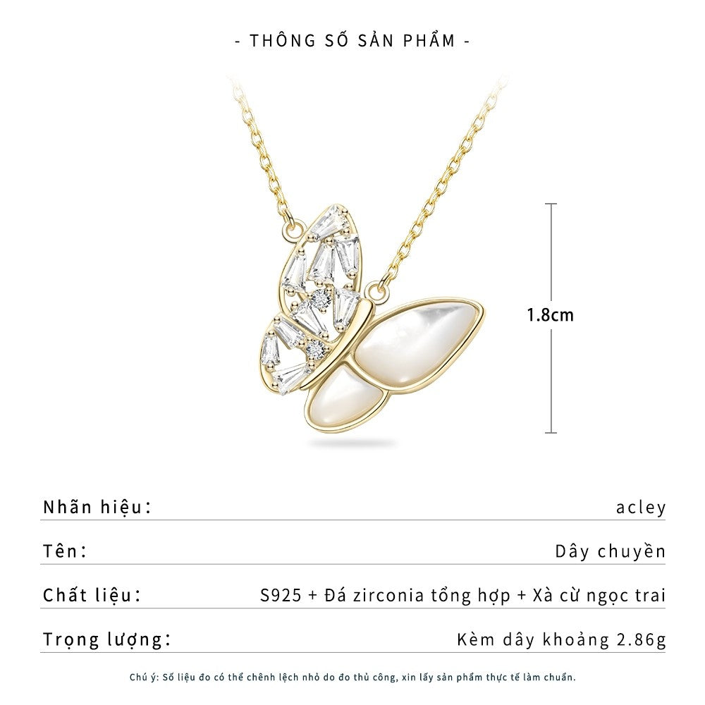 Dây chuyền bạc S925 hình bướm xà cừ trắng đính đá zircon 5A