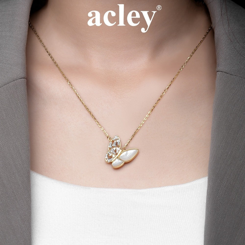 Dây chuyền bạc S925 hình bướm xà cừ trắng đính đá zircon 5A