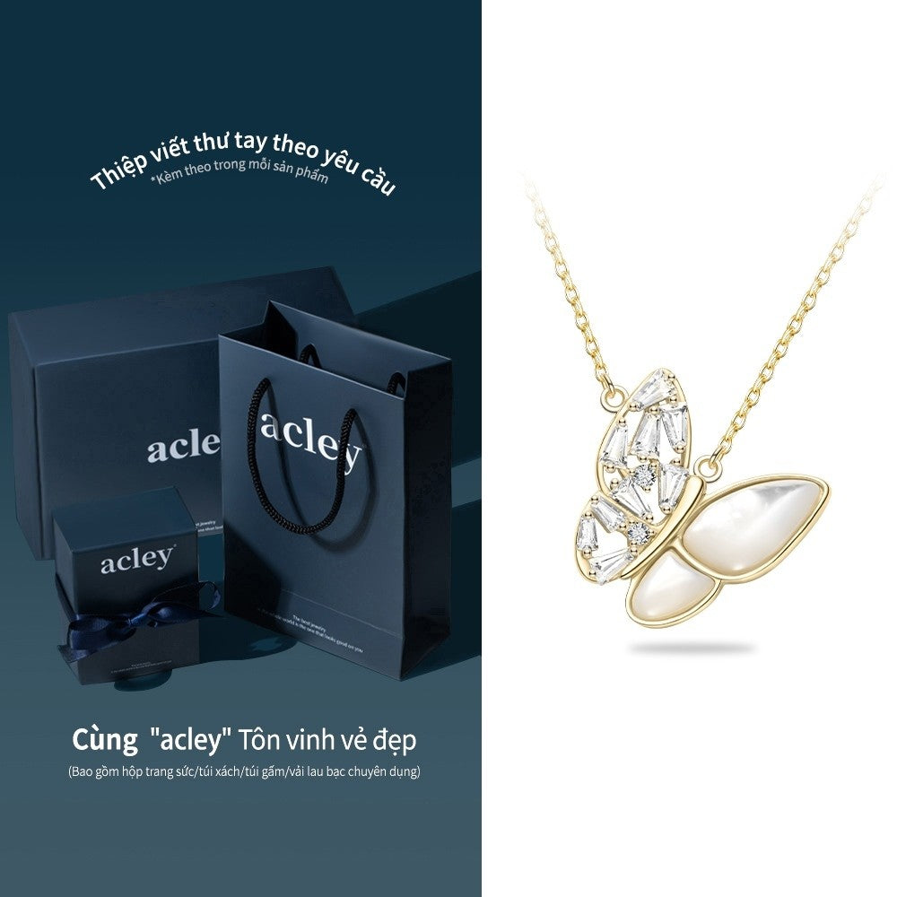 Dây chuyền bạc S925 hình bướm xà cừ trắng đính đá zircon 5A