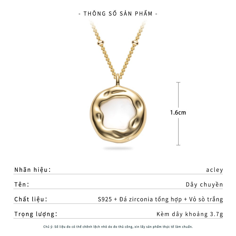 Dây chuyền bạc S925 mặt tròn xà cừ trắng viền gợn sóng