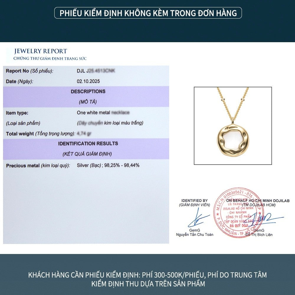 Dây chuyền bạc S925 mặt tròn xà cừ trắng viền gợn sóng