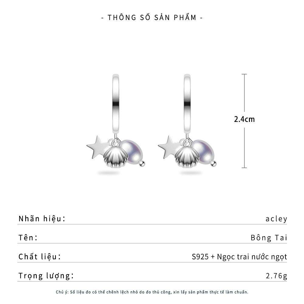 Bông tai vòng bạc S925 charm vỏ sò ngôi sao ngọc trai nước ngọt