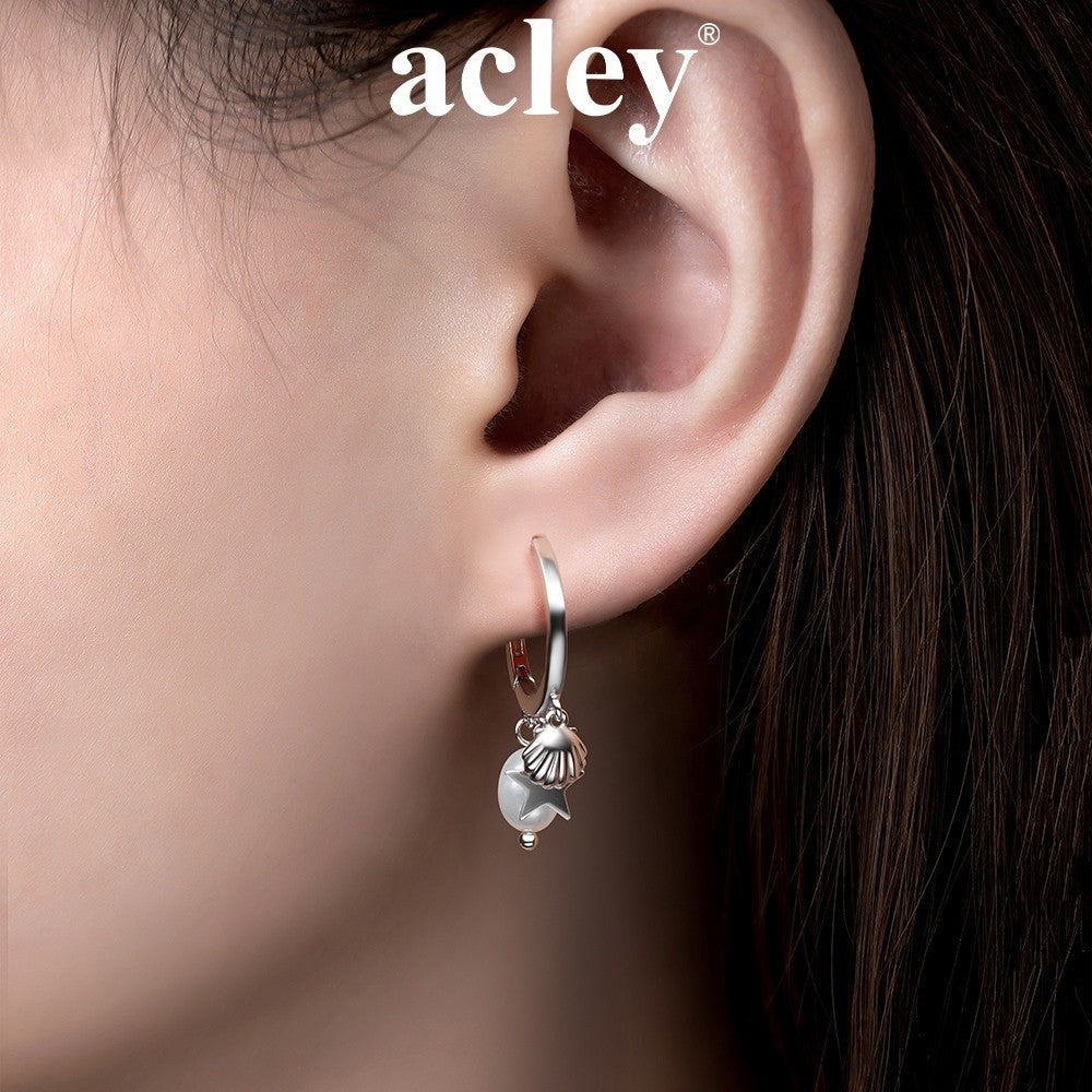 Bông tai vòng bạc S925 charm vỏ sò ngôi sao ngọc trai nước ngọt