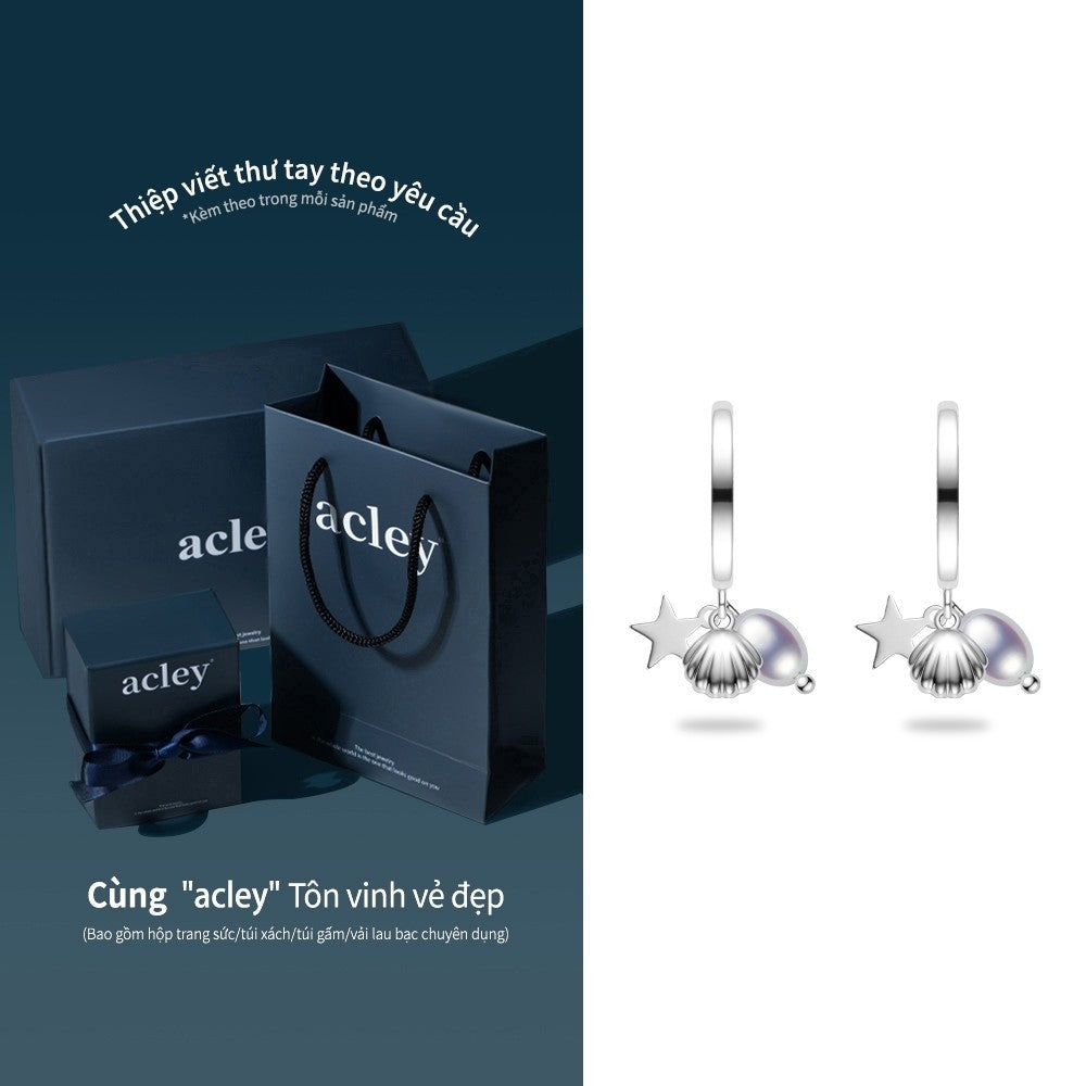 Bông tai vòng bạc S925 charm vỏ sò ngôi sao ngọc trai nước ngọt
