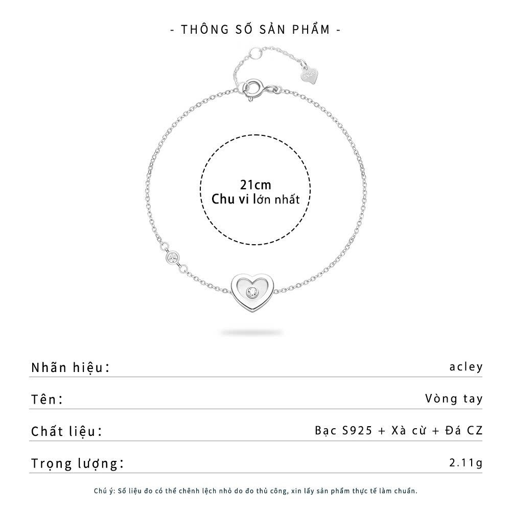 Lắc tay bạc S925 hình trái tim xà cừ trắng đính đá zircon 5A