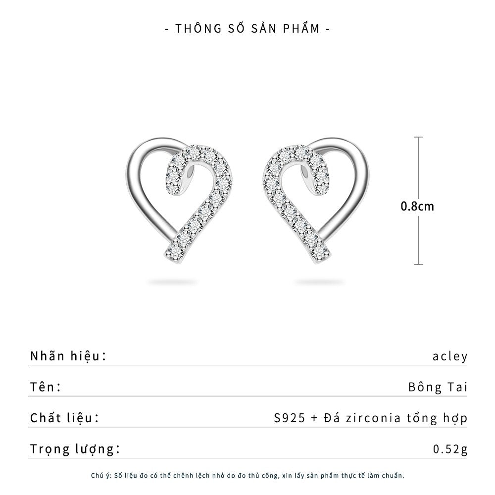 Bông tai hình trái tim bạc S925 đính đá zircon 5A