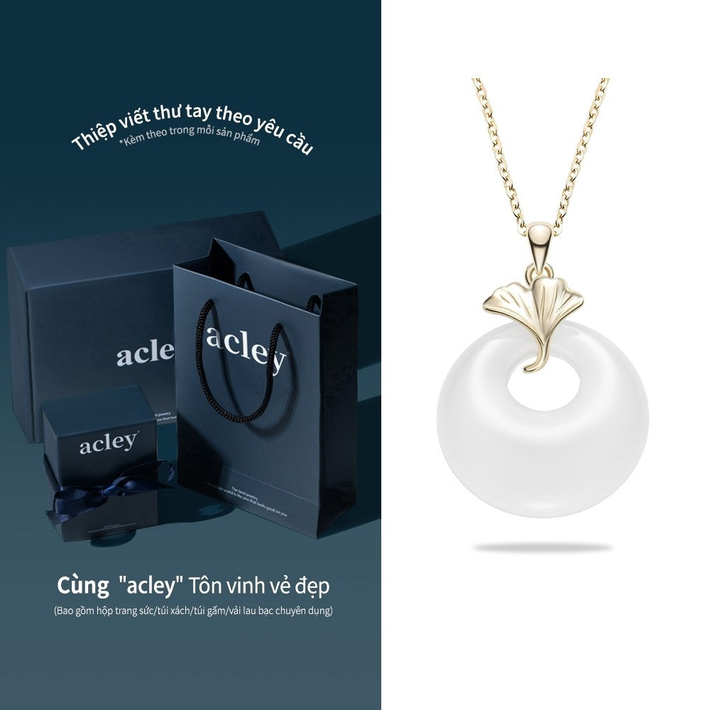 Dây chuyền bạc S925 mặt đồng điếu đá mã não chalcedony lá bạch quả