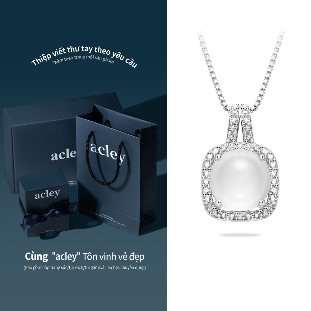 Dây chuyền bạc S925 mặt vuông bo góc đá mã não chalcedony viền zircon 5A