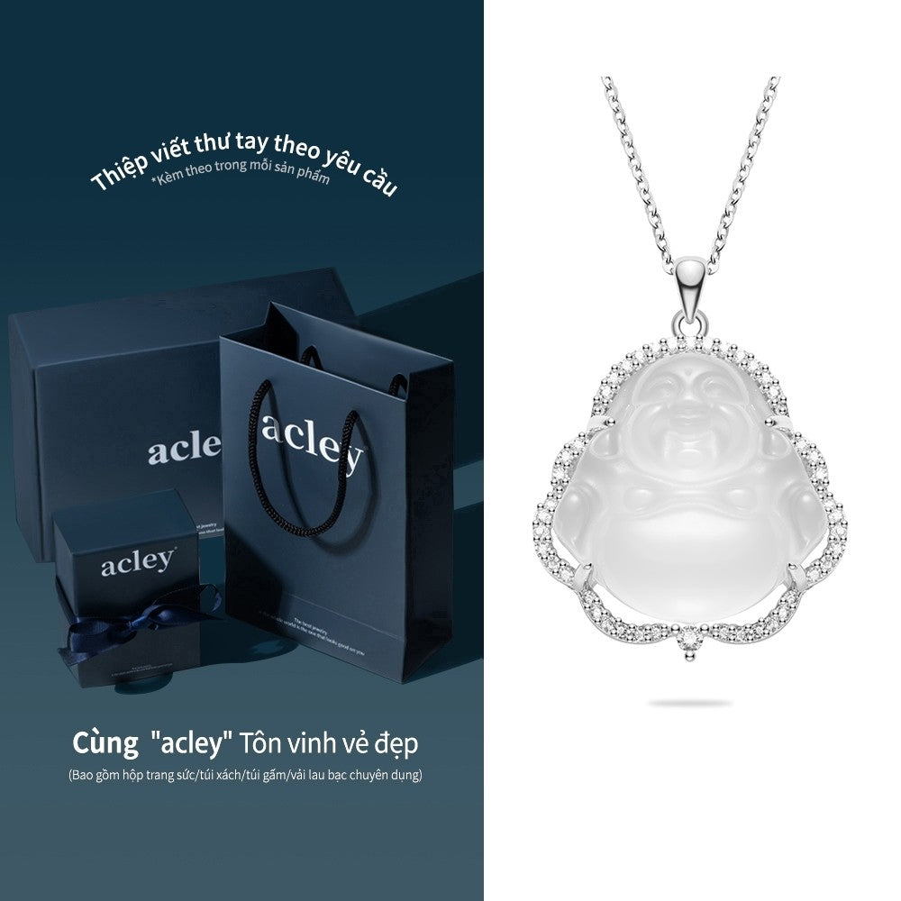 Dây chuyền bạc S925 mặt Phật Di Lặc đá chalcedony mã não viền zircon 5A