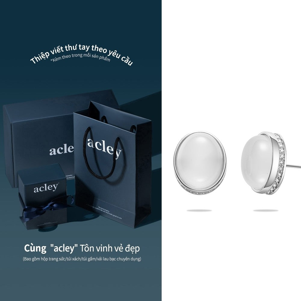 Bông tai nụ bạc S925 đá mã não chalcedony dáng oval
