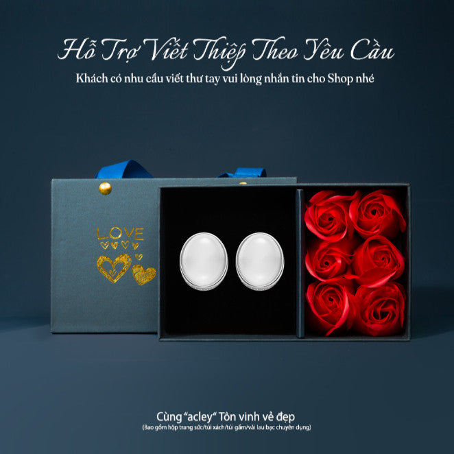 Bông tai nụ bạc S925 đá mã não chalcedony dáng oval