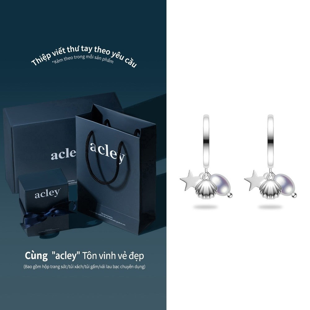 Bông tai vòng bạc S925 charm vỏ sò ngôi sao ngọc trai nước ngọt