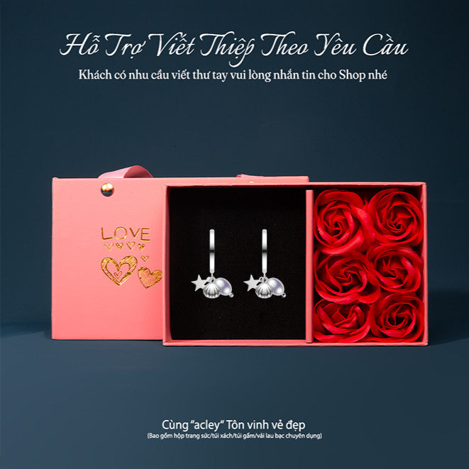 Bông tai vòng bạc S925 charm vỏ sò ngôi sao ngọc trai nước ngọt