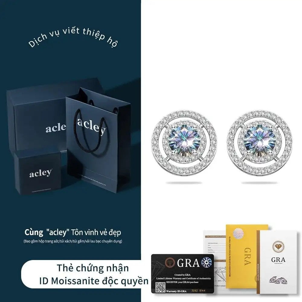 Bông tai bạc S925 hình tròn hai vòng đính đá Moissanite