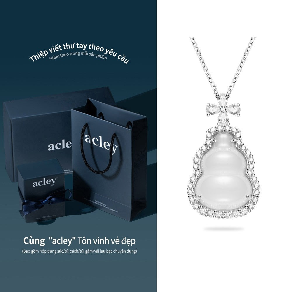 Dây chuyền bạc S925 mặt hồ lô thắt nơ đá mã não chalcedony zircon 5A