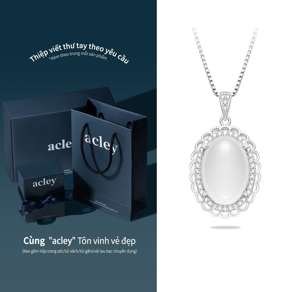 Dây chuyền bạc S925 mặt oval đá mã não chalcedony viền bi