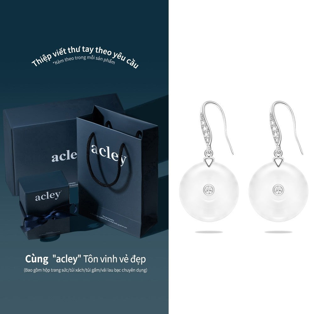 Bông tai móc bạc S925 đá mã não chalcedony dáng đồng xu