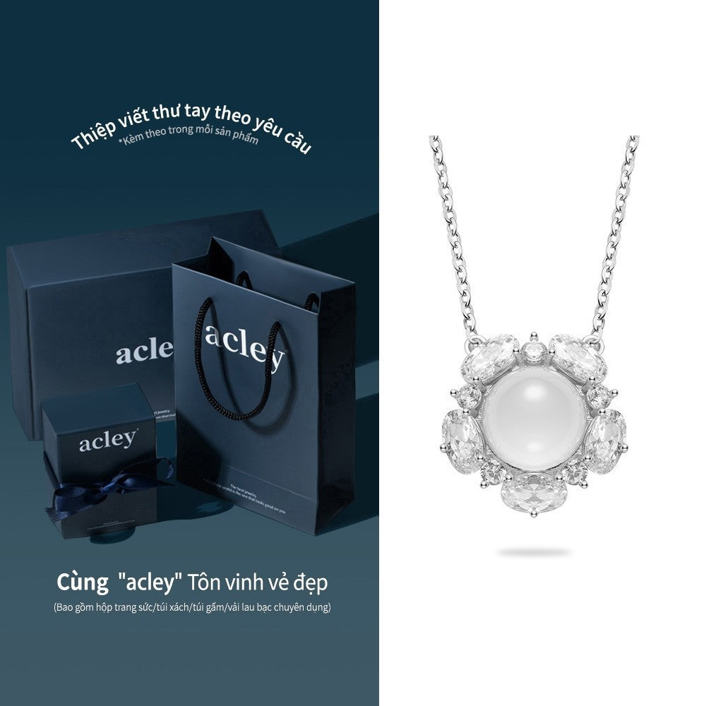 Dây chuyền bạc S925 mặt hoa đá mã não chalcedony viền zircon 5A