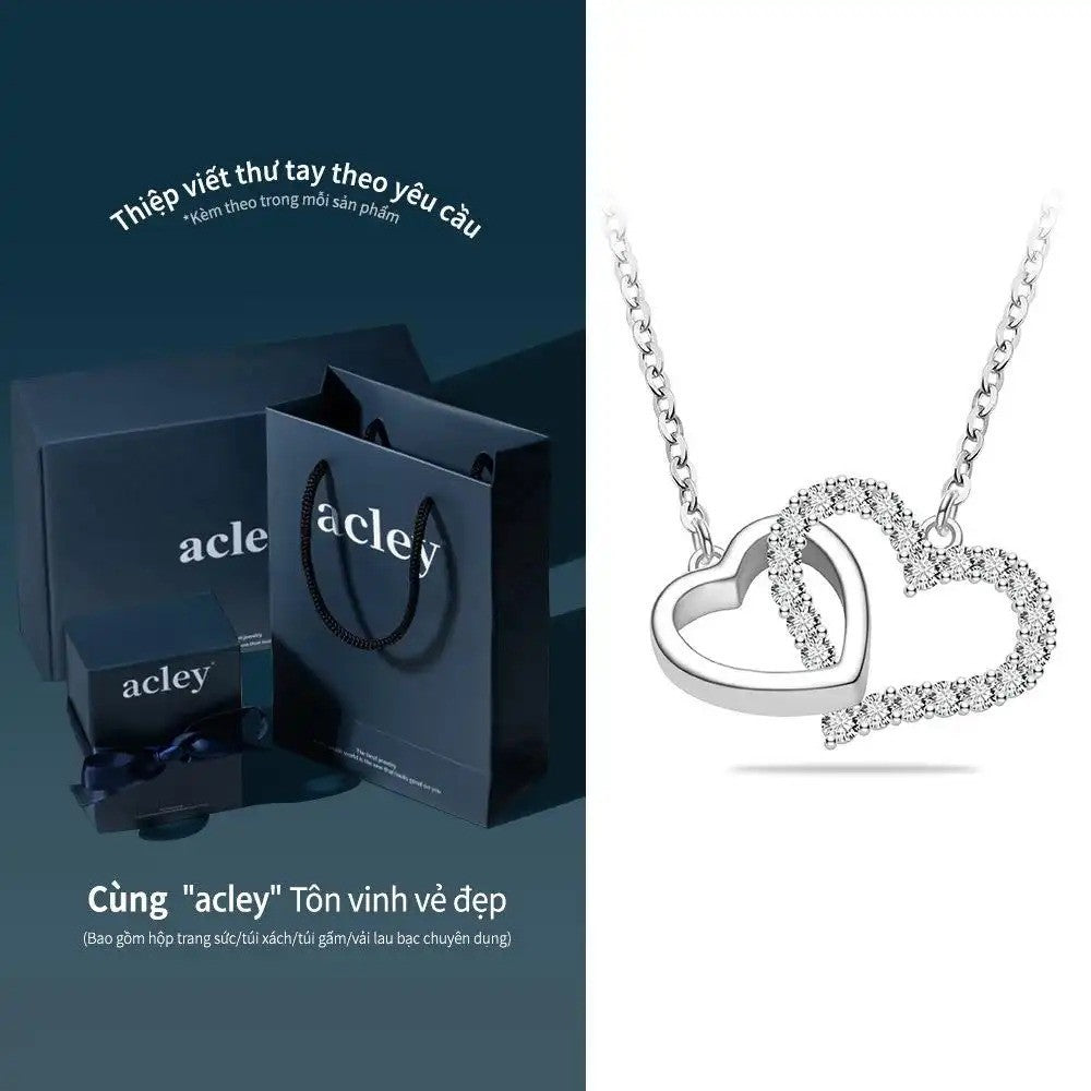 Dây chuyền bạc S925 hình trái tim đôi đính đá zircon 5A