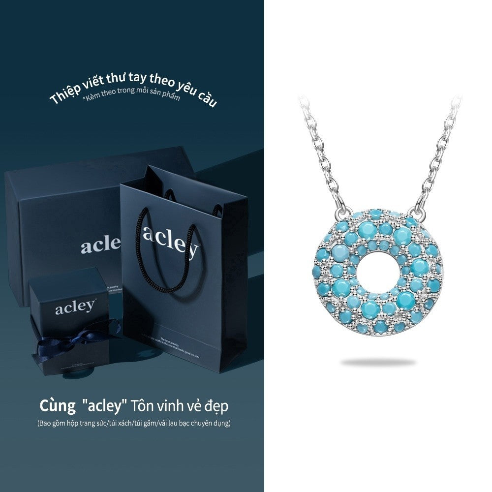 Dây chuyền bạc S925 mặt tròn rỗng khảm đá turquoise