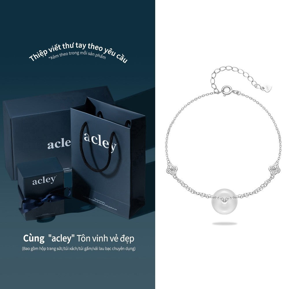 Lắc tay bạc S925 phối đá mã não chalcedony trắng điểm hoa