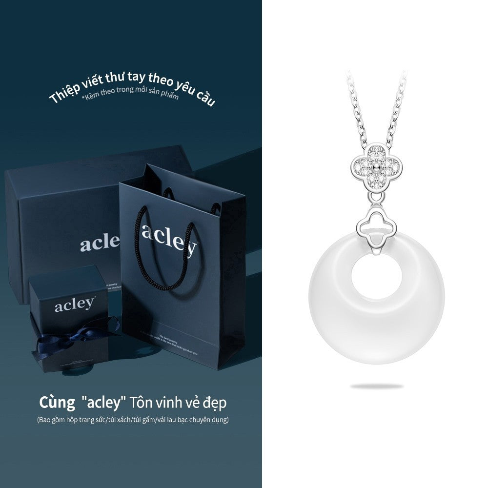 Dây chuyền bạc S925 mặt đồng điếu đá mã não chalcedony cỏ bốn lá