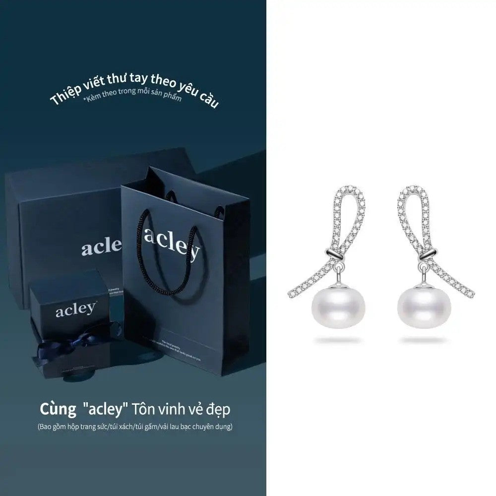 Bông tai bạc S925 ngọc trai nước ngọt đính đá zircon 5A dáng nơ