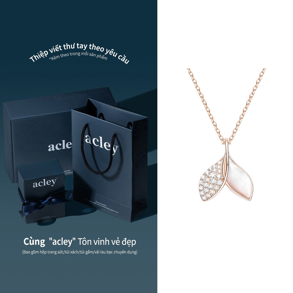 Dây chuyền bạc S925 lá đôi xà cừ trắng đính đá zircon 5A