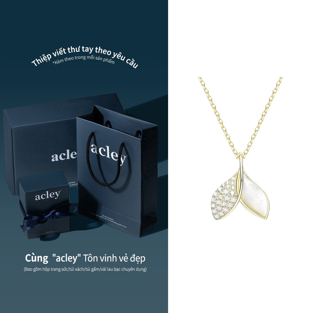 Dây chuyền bạc S925 lá đôi xà cừ trắng đính đá zircon 5A