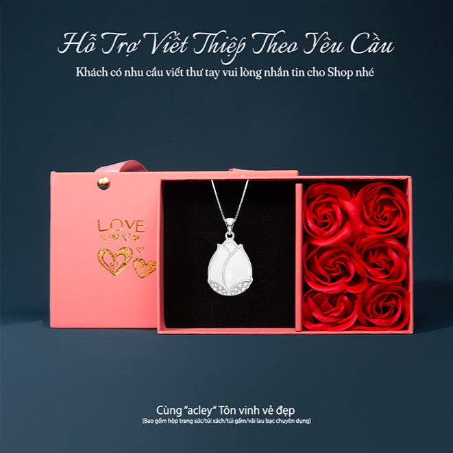Bộ trang sức bạc S925 hoa tulip phối mã não trắng đính zircon 5A