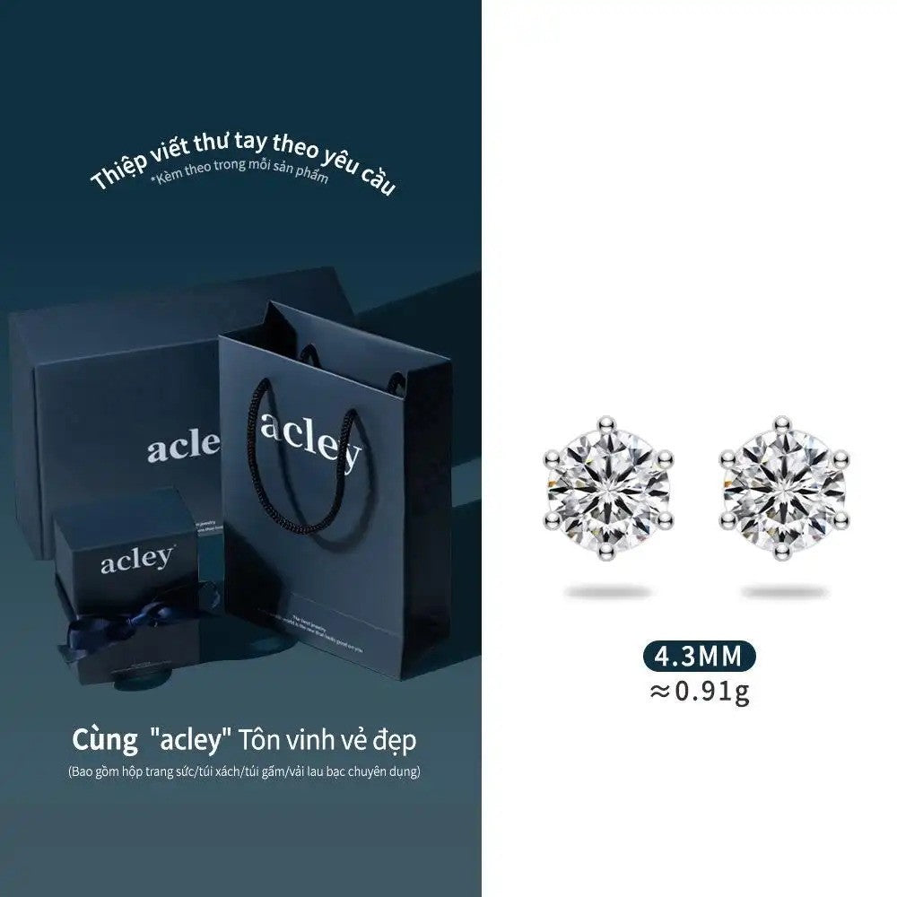Bông tai nụ bạc S925 đính đá Moissanite tròn 6 chấu