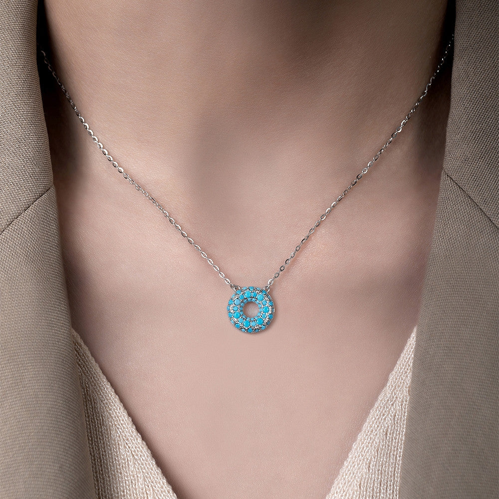 Dây chuyền bạc S925 mặt tròn rỗng khảm đá turquoise