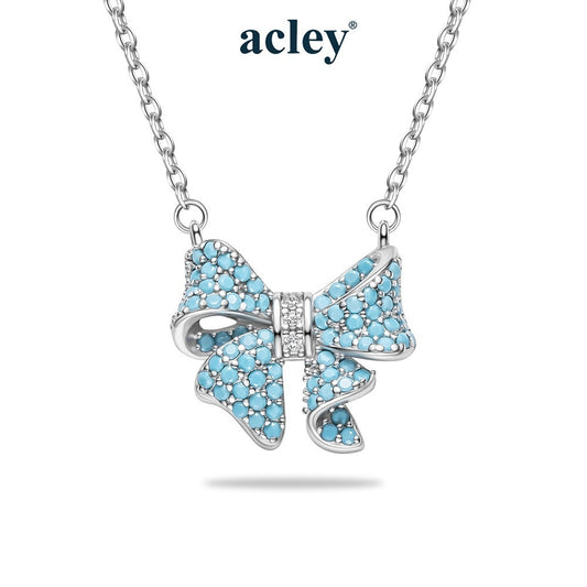 Dây chuyền nơ bạc S925 khảm đá turquoise