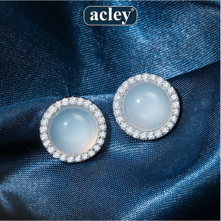 Bông tai nụ bạc S925 đá mã não chalcedony dáng tròn