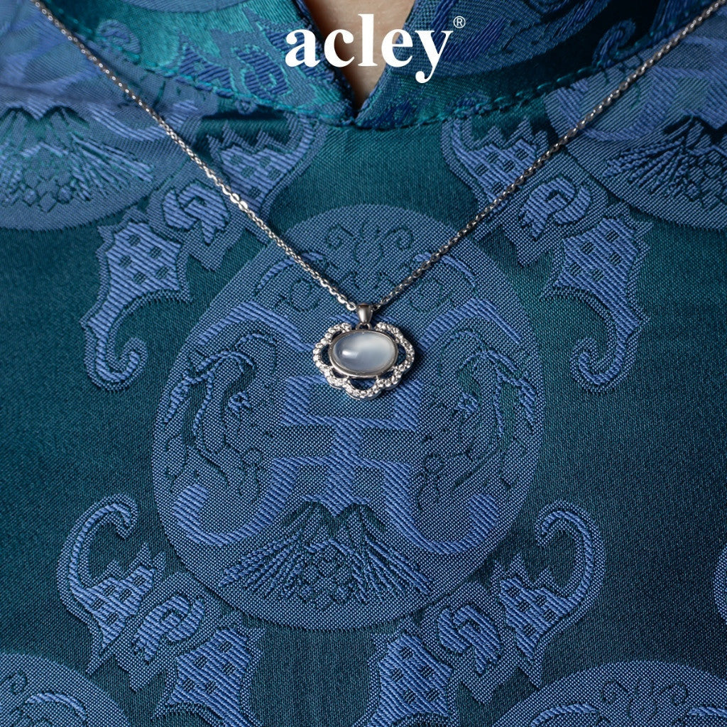 Dây chuyền bạc S925 mặt oval đá mã não chalcedony viền hoa