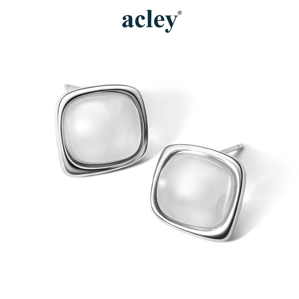 Bông tai nụ bạc S925 đá mã não chalcedony dáng vuông bo góc