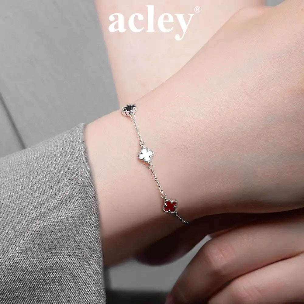 Lắc tay bạc S925 cỏ bốn lá đá mã não nhiều màu
