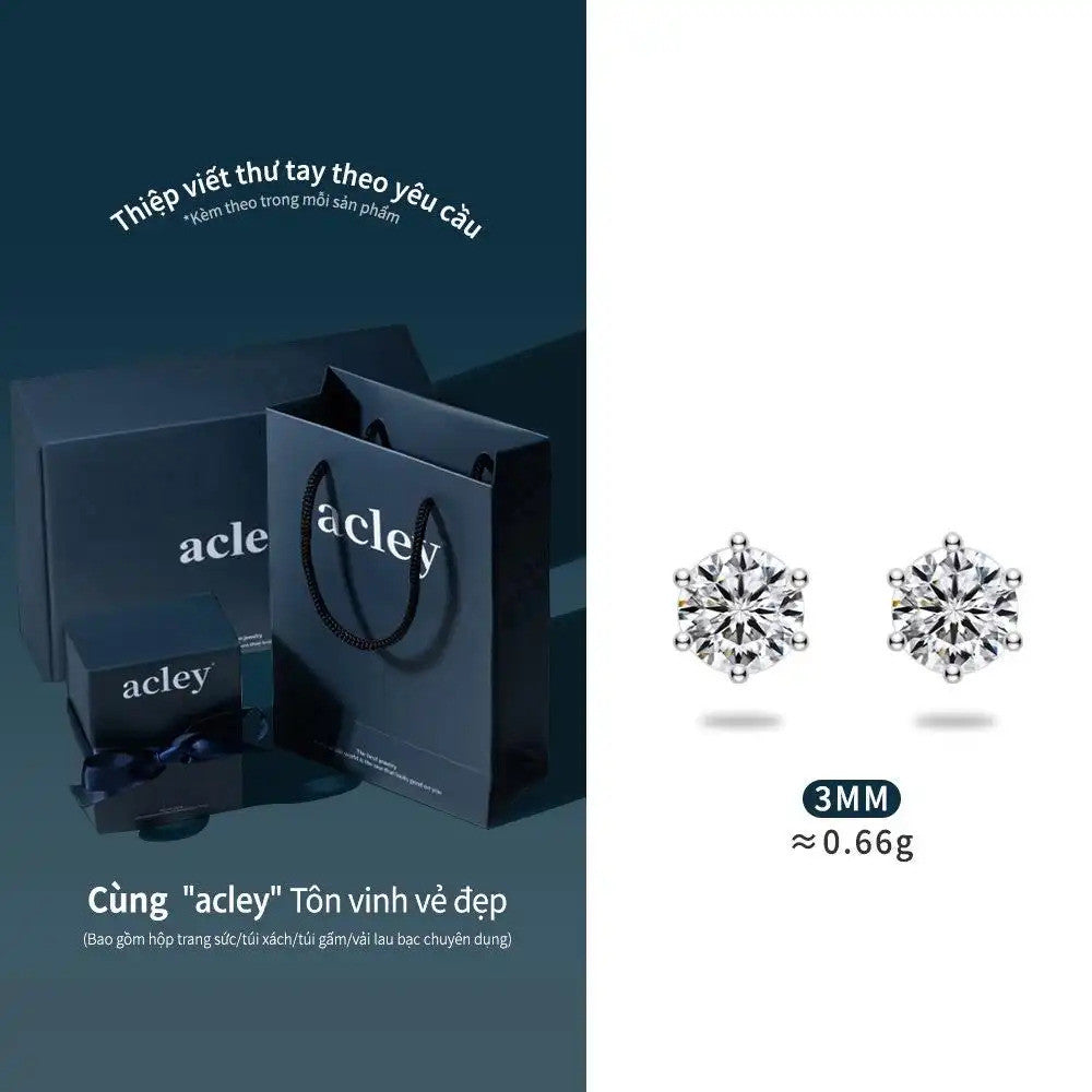 Bông tai nụ bạc S925 đính đá Moissanite tròn 6 chấu