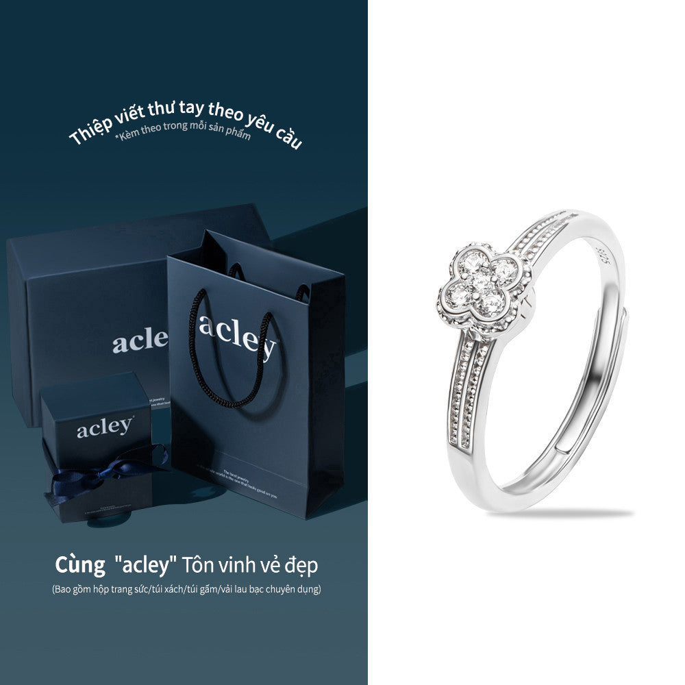 Nhẫn bạc S925 hoa bốn cánh đính đá zircon 5A