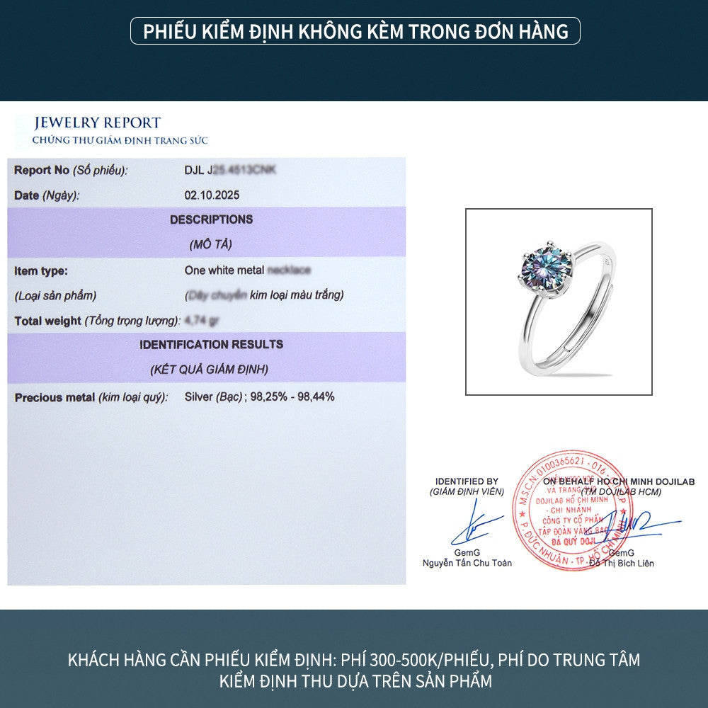 Nhẫn bạc S925 đính đá Moissanite dáng solitaire