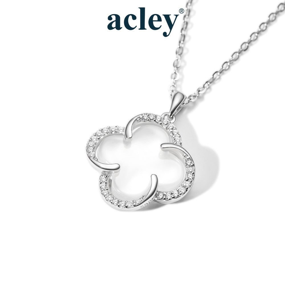 Dây chuyền bạc S925 cỏ bốn lá đá mã não chalcedony