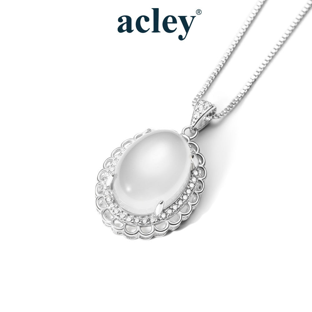 Dây chuyền bạc S925 mặt oval đá mã não chalcedony viền bi
