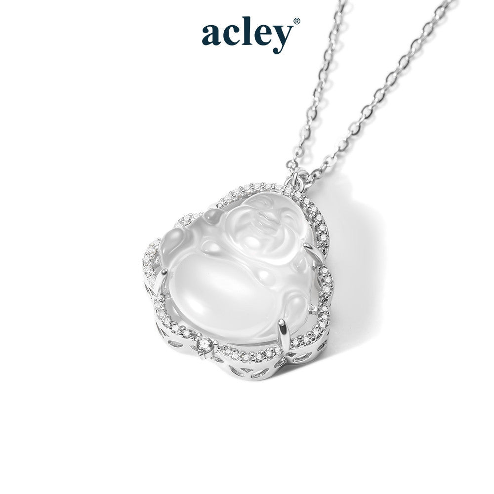 Dây chuyền bạc S925 mặt Phật Di Lặc đá chalcedony mã não viền zircon 5A