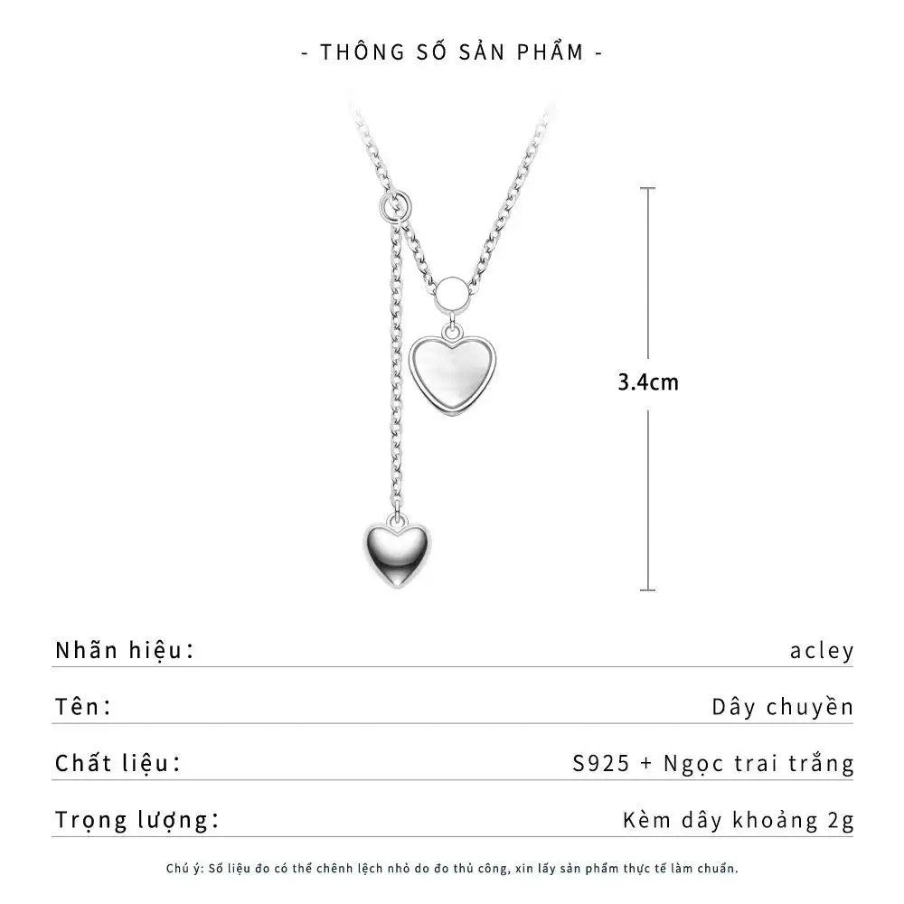 Dây chuyền thả dây bạc S925 trái tim xà cừ trắng