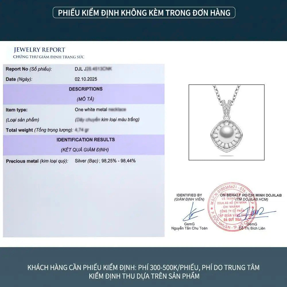 Dây chuyền bạc S925 ngọc trai nước ngọt mặt vuông bo góc