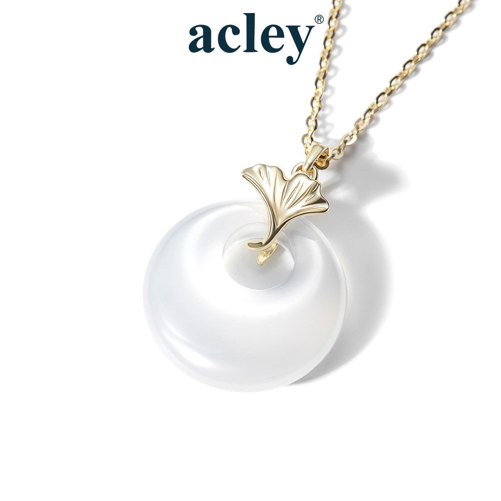 Dây chuyền bạc S925 mặt đồng điếu đá mã não chalcedony lá bạch quả