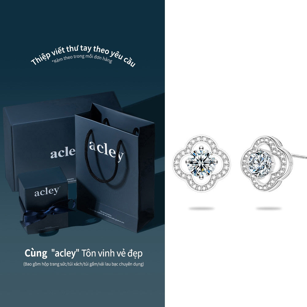 Bông tai bạc S925 cỏ bốn lá đính đá moissanite