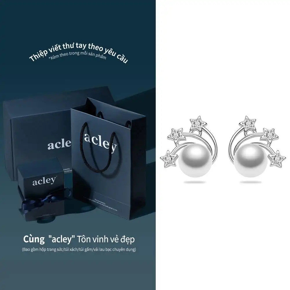 Bông tai bạc S925 ngọc trai nước ngọt hình cầu vồng sao đính đá zircon 5A