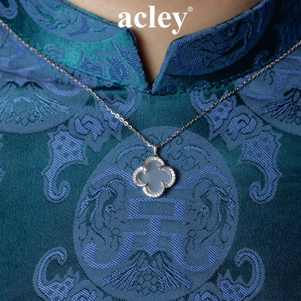 Dây chuyền bạc S925 cỏ bốn lá đá mã não chalcedony