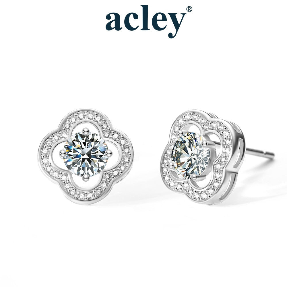 Bông tai bạc S925 cỏ bốn lá đính đá moissanite